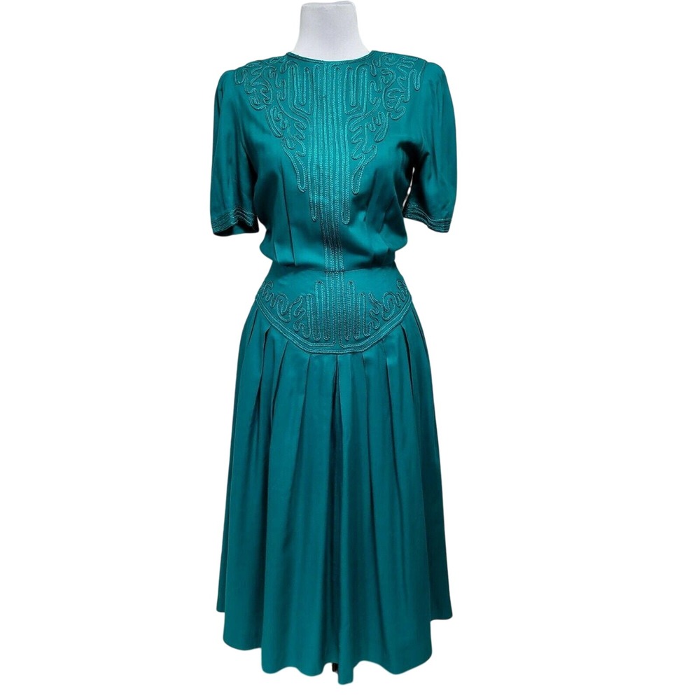 Vintage 80s does 40s Sarah Elizabeth Green‎ Rayon Embroidered Midi Dress Size 8